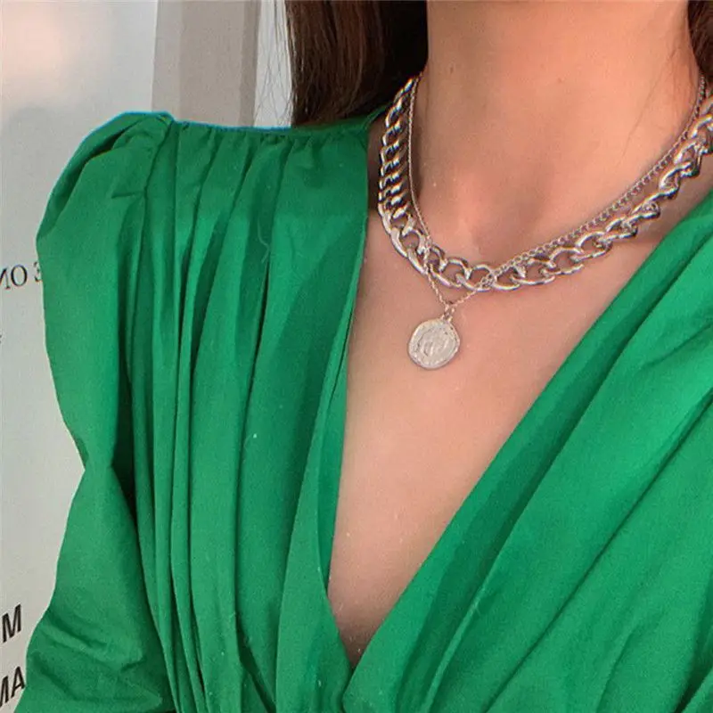 

Choker Necklace For Women New Fashion Vintage Multi-layer Coin Chain Gold Silver Color Portrait Chunky Chain Necklaces