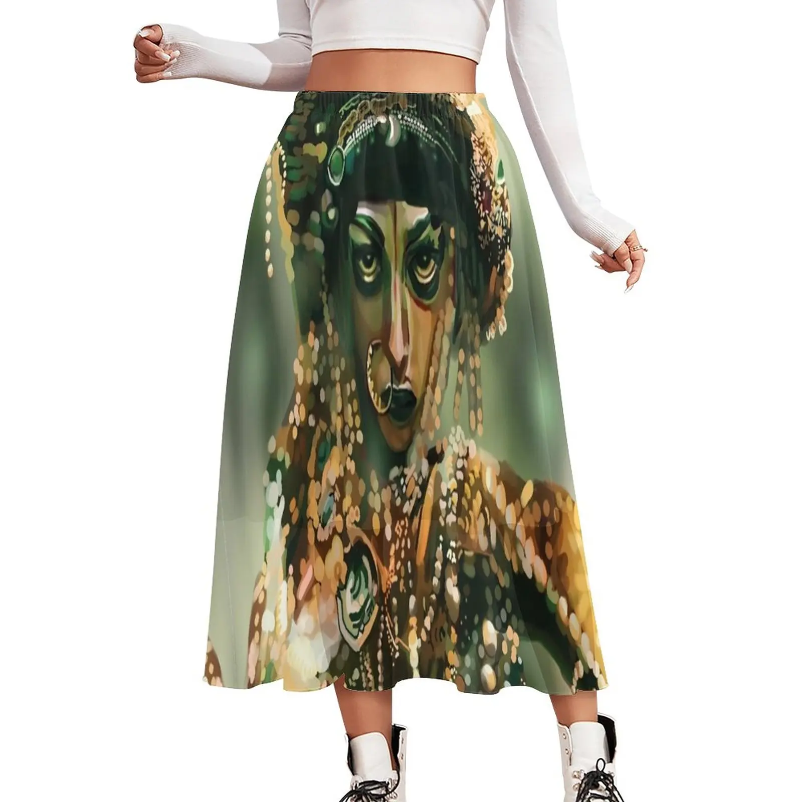 

Jibaro Oil Paint Skirt Women Love Death Robots Vintage Long Skirts Print Elastic Waist Street Style Casual Skirt Large Size