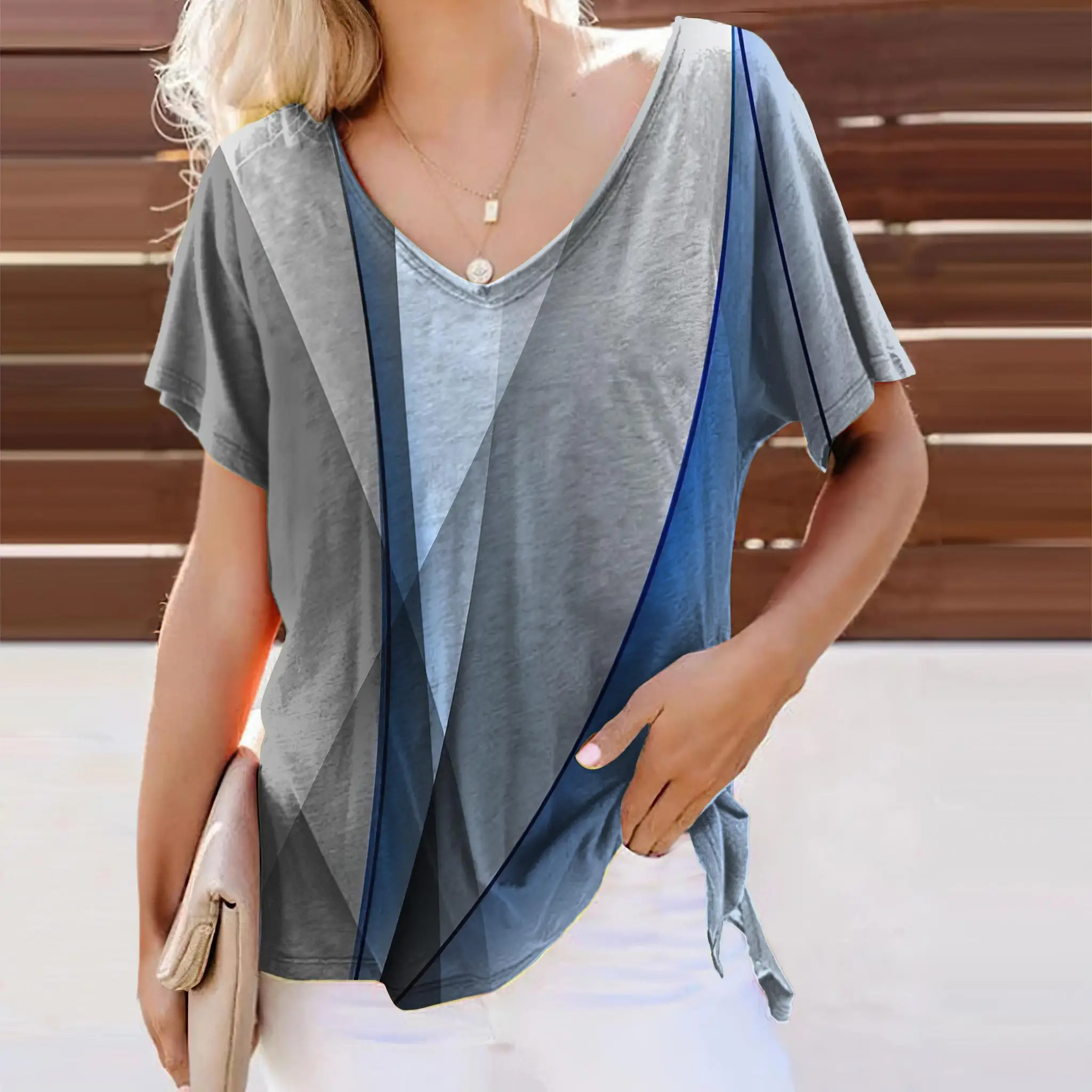 

Striped T-shirt For Women Fashion 3d V-neck Print Tops Summer Sports Pullover Oversized Vintage Short Sleeve Women's Loose Tops