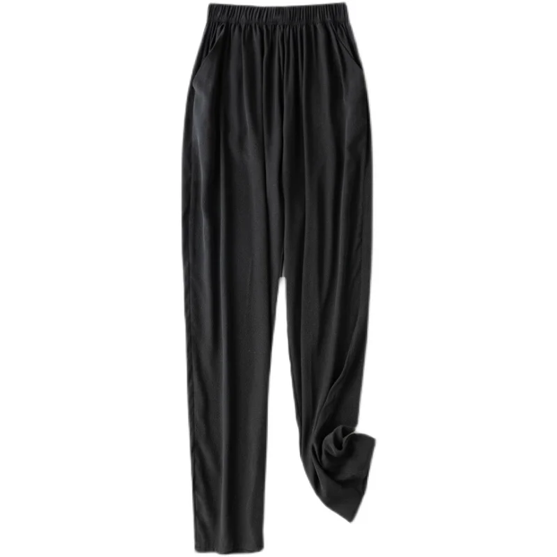 

Женские брюки из натурального шелка, черные летние брюки-карандаш до щиколотки с высокой талией, уличная одежда, повседневные модные женски...