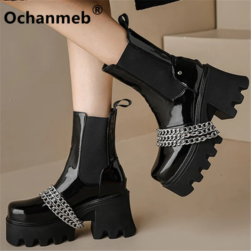 

Женские ботинки челси Ochanmeb в стиле панк на Высоком толстом массивном каблуке и платформе, готические ботинки из лакированной кожи, женская зимняя обувь 44