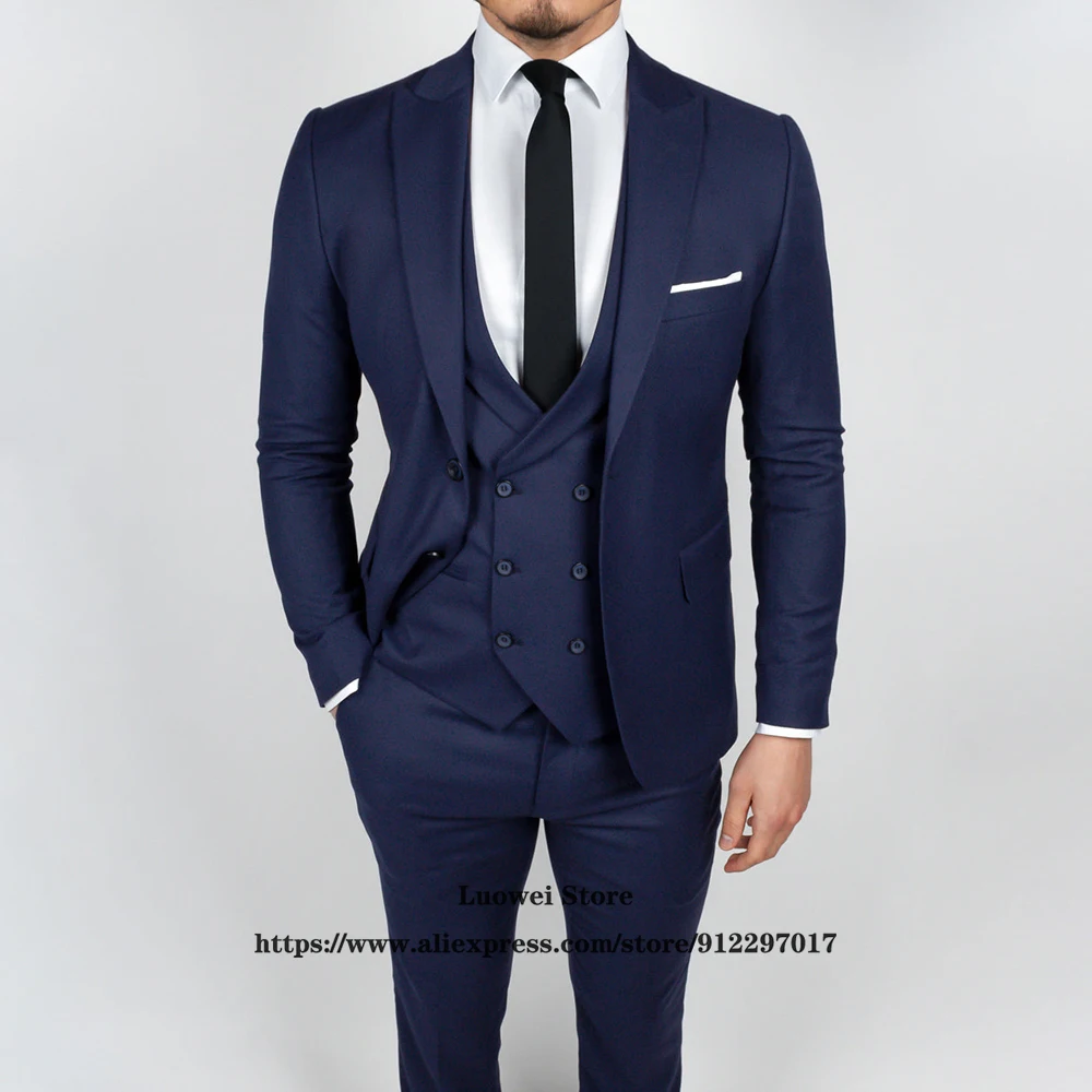 Classic Suit For Men Slim Fit 3 Piece Jacket Vest Pants Set Formal Groom Wedding Peaked Lapel Tuxedo Male Office Business Blazer