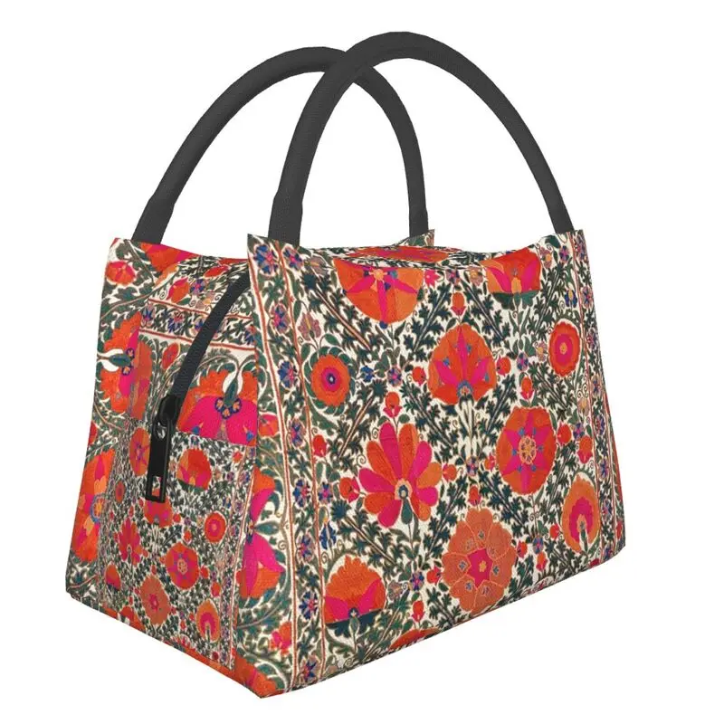 

Kermina Suzani Uzbekistan Colorful Embroidery Print Thermal Insulated Lunch Bag Women Resuable Lunch Meal Food Box