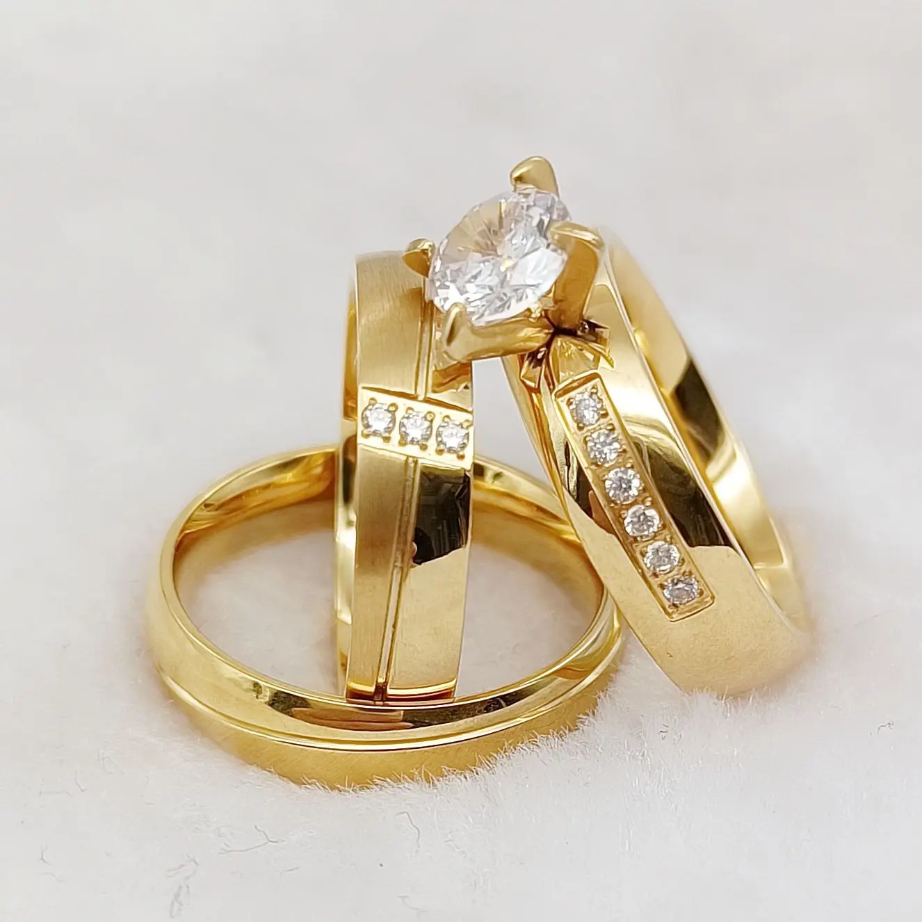 

High Quality 3pcs Bridal Statement Wedding Engagement Rings Set Gold Plated Jewelry cz diamond ring designs For men and Women