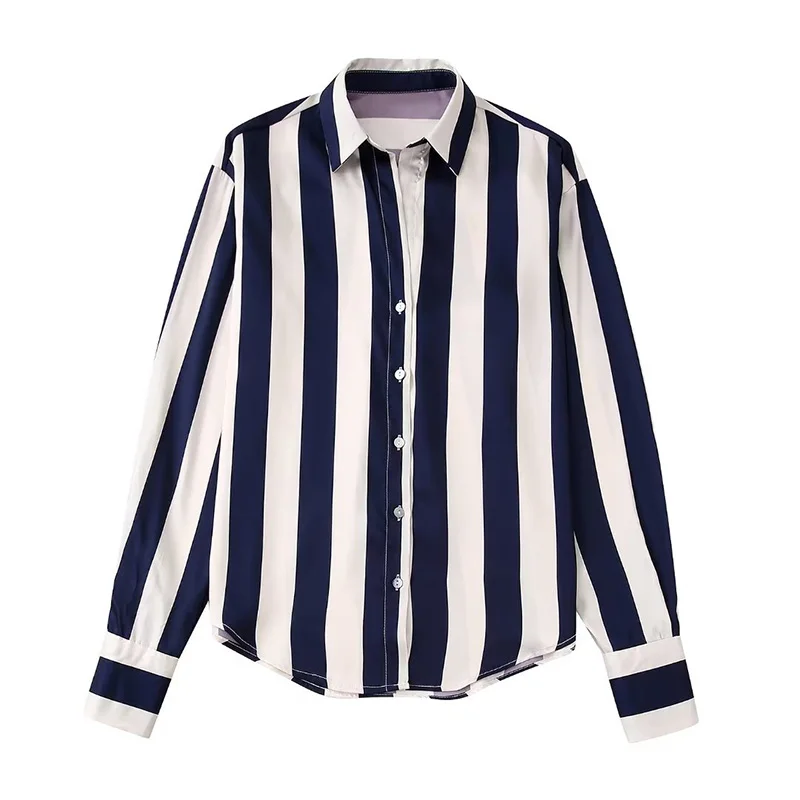

2023 Spring And Summer New Casual Female Lapel Black And White Striped Short Shirt Button Up Jacket 8042