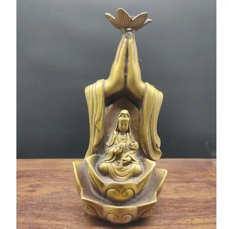 

Tibet Buddhism Copper Statue Antique brass Guanyin bodhisattva hand Lotus Bergamot backflow Incense burner ornaments