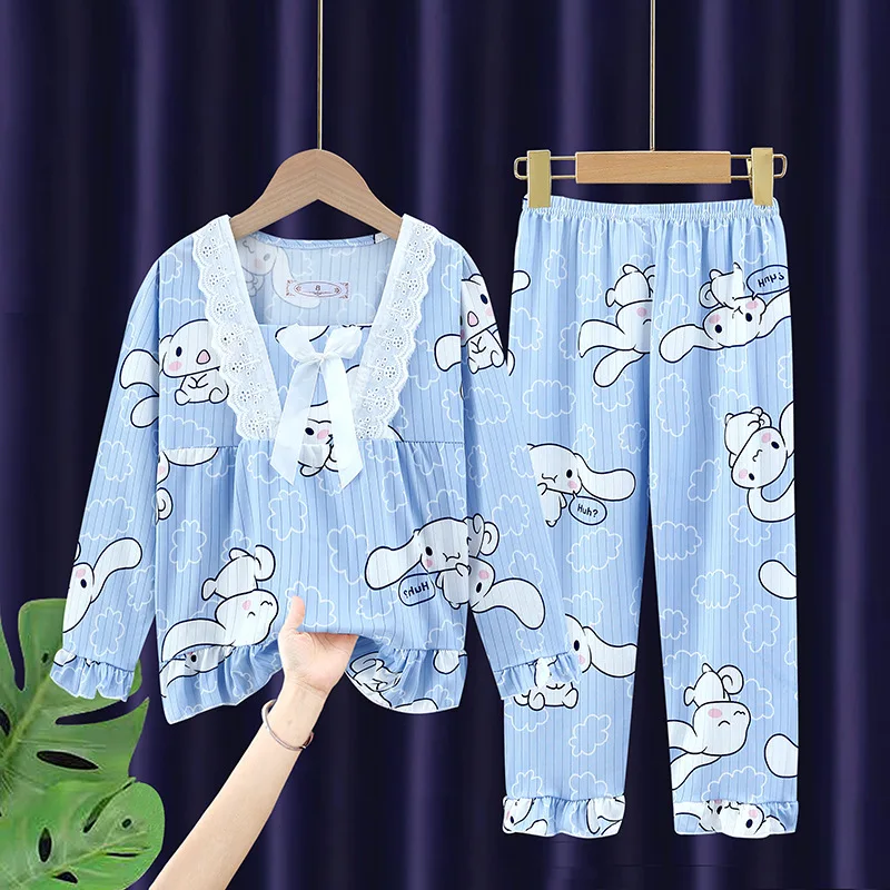 

2-Piece Set Kawaii Cute Hellokittys Children's Pajamas Cartoon Cinnamoroll Girls Spring and Autumn Long-Sleeved Home Clothes