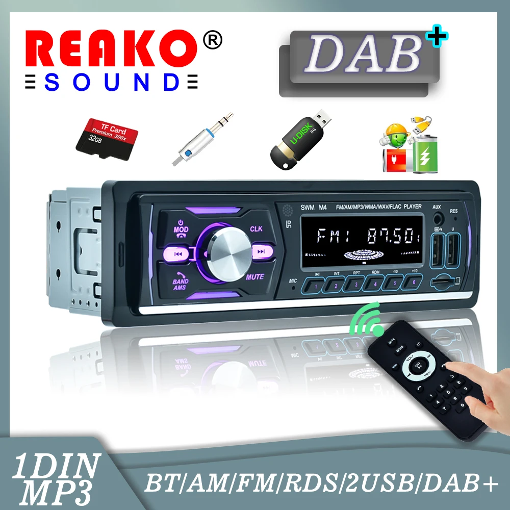 

REAKOSOUND DAB Digital Radio 1Din Mp3 Car Player Dual USB Digital BT USB Charge Car Radio Support FM AM RDS DAB AUX USB SD Radio