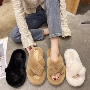 Thick Bottom Fur Slippers Womens Autumn Outer Wear 2021 New Womens Flat Bottom Warm One Word Net Red Cross Cotton Drag Winter