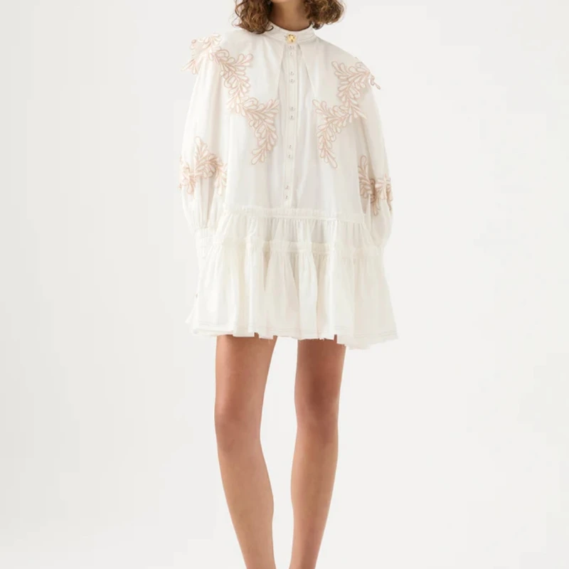 

2023 New Solid Spring Summer Top Quality Vintage Commuter Casual Long Lantern Sleeve Frill Embroidery Mini Dress for Woman