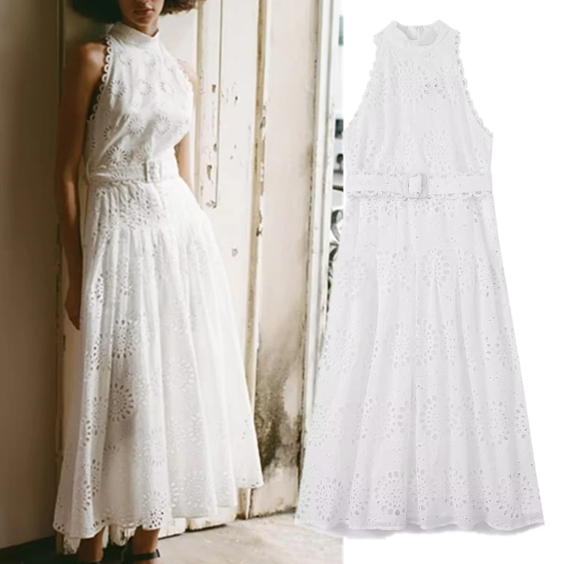 Jenny&Dave French Elegant White Hollow Sleeveless Dress Fashion Embroidered With Belt Ruffle Casual Midi Dress Women
