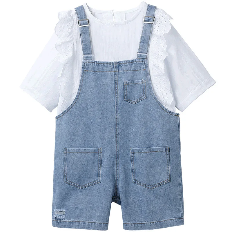 2022 летний женский костюм детская белая футболка + джинсовые короткие брюки