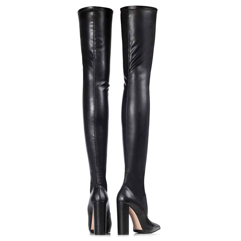Sexy Block High Heels Thigh High Boots Women Shoes 2022 Autumn Winter Black Pu Leather Pointed Toe Large Size Women's Long Boots