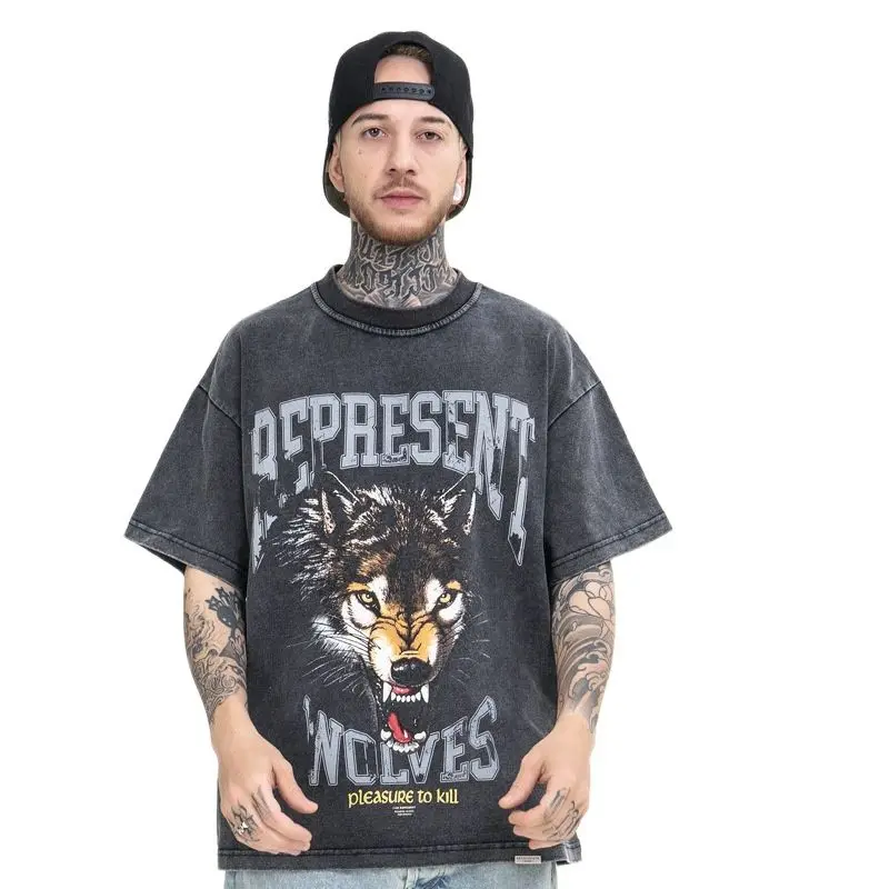 

Men's 2022 Spring/Summer New Hot Sale American Graffiti Wolf Head Print Retro High Street Short Sleeve T-Shirt