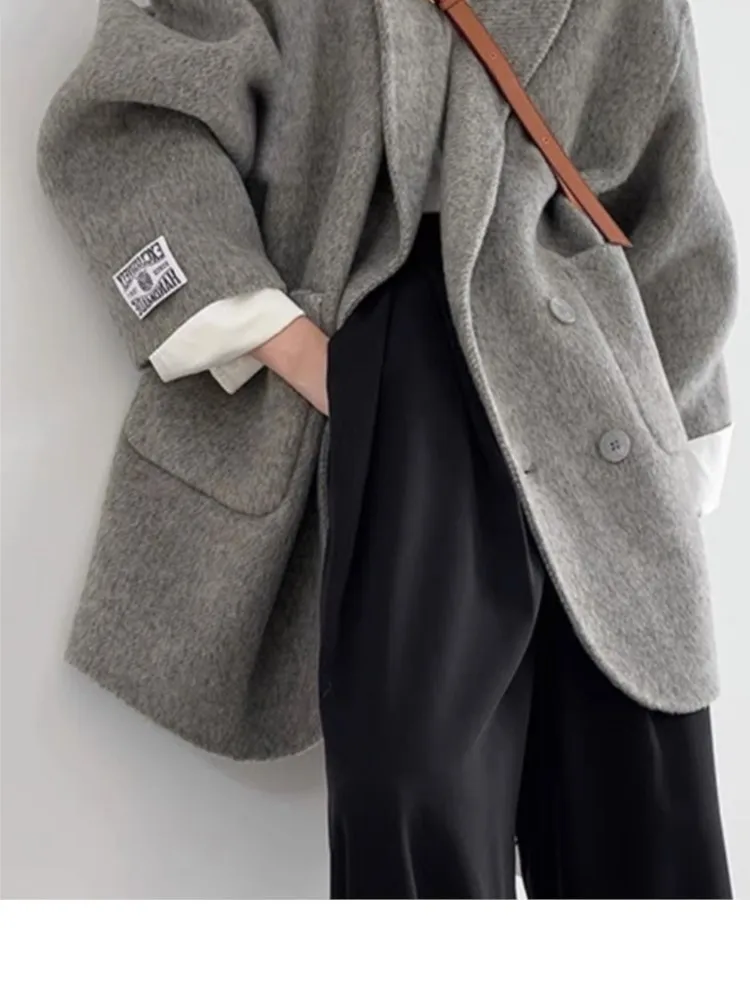 Reversible Wool Coat Winter Coat High Quality Solid Women Woolen Jacket Autumn Notched Loose Long Sleeve Letter Label Outwear