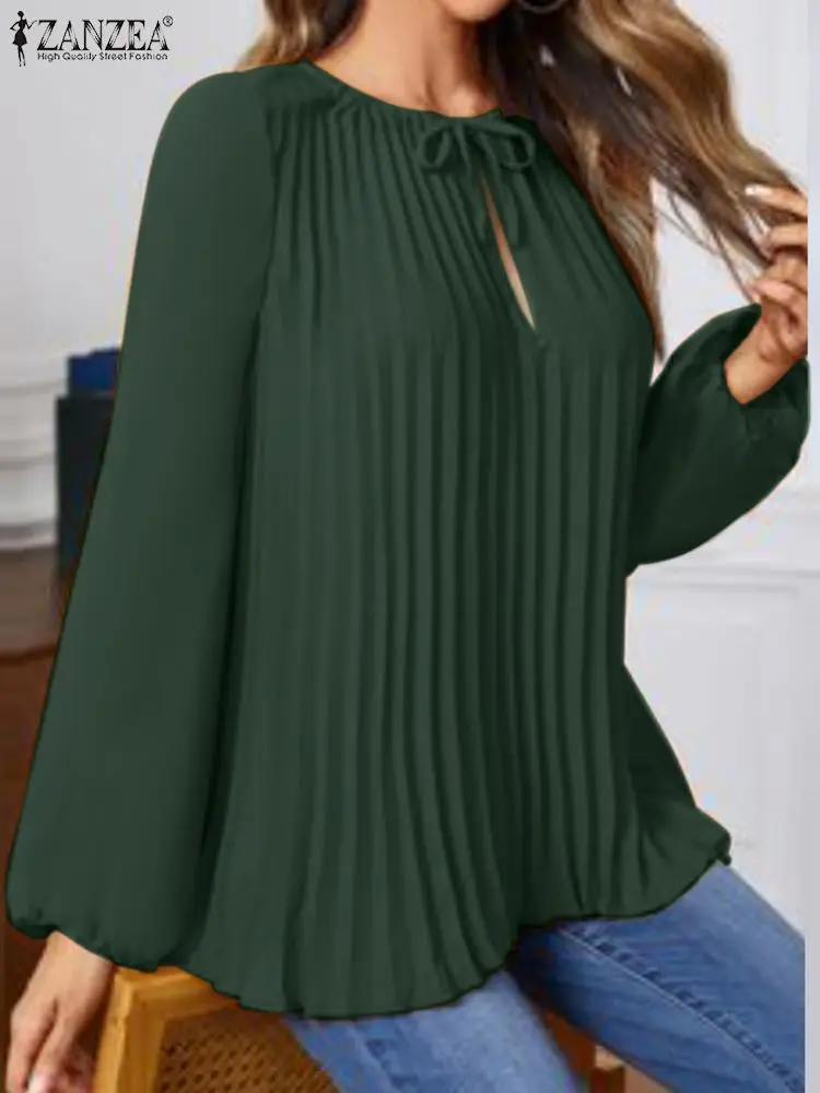 

ZANZEA Casual Hollow Out Pleats Blusa Oversize Women Solid Blouse 2023 Autumn Long Lantern Sleeve Tops Fashion Bowtie Neck Shirt