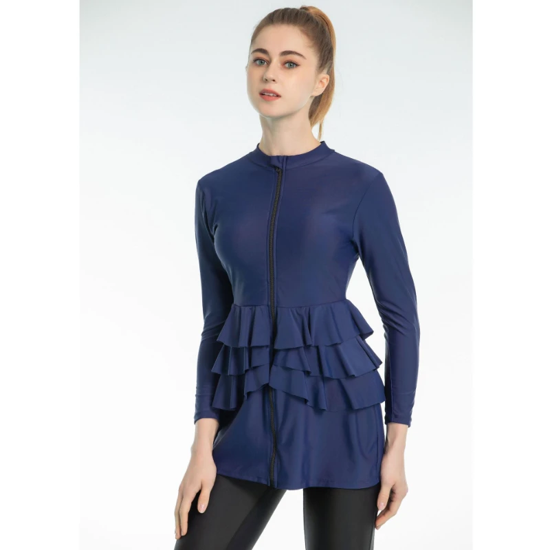 Women Muslim Split Dressing Swimwear Swimsuit Sets with Chest Cuison Bracket High Rise Cyan Bikini Bath Swimming Suit Islamic