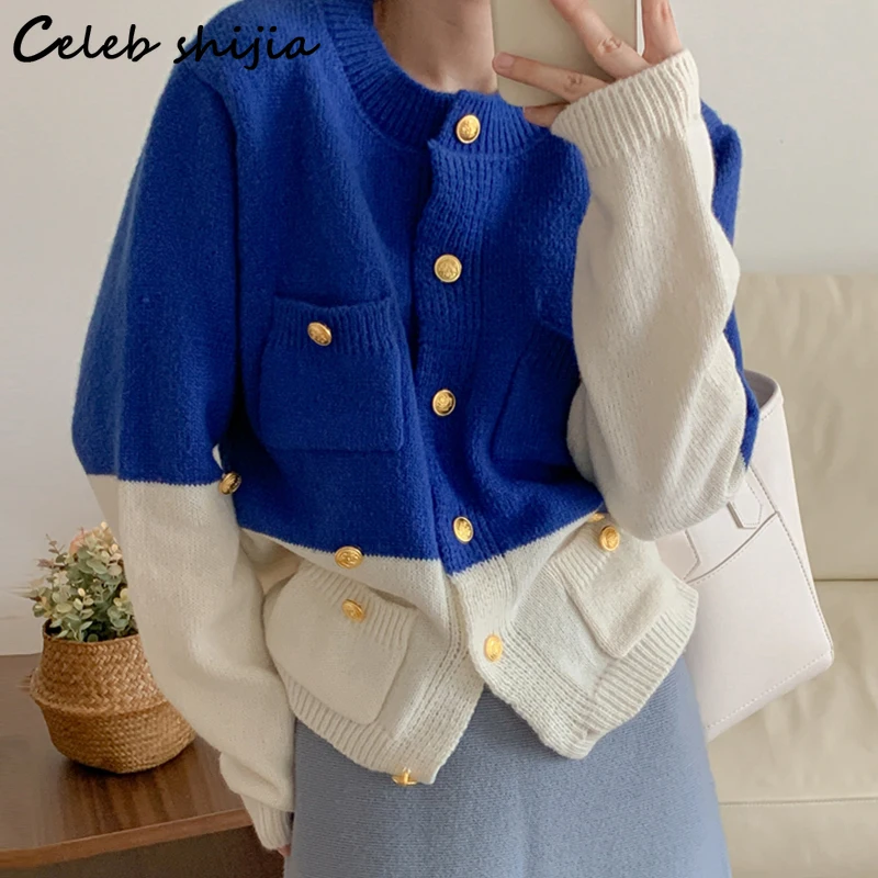 

Streetwear Woolen Cardigan Women Fall 2022 Winter Golden Button Patchwork Blue Knitted Cardigan Ladies Loose Sweater Coat Luxury
