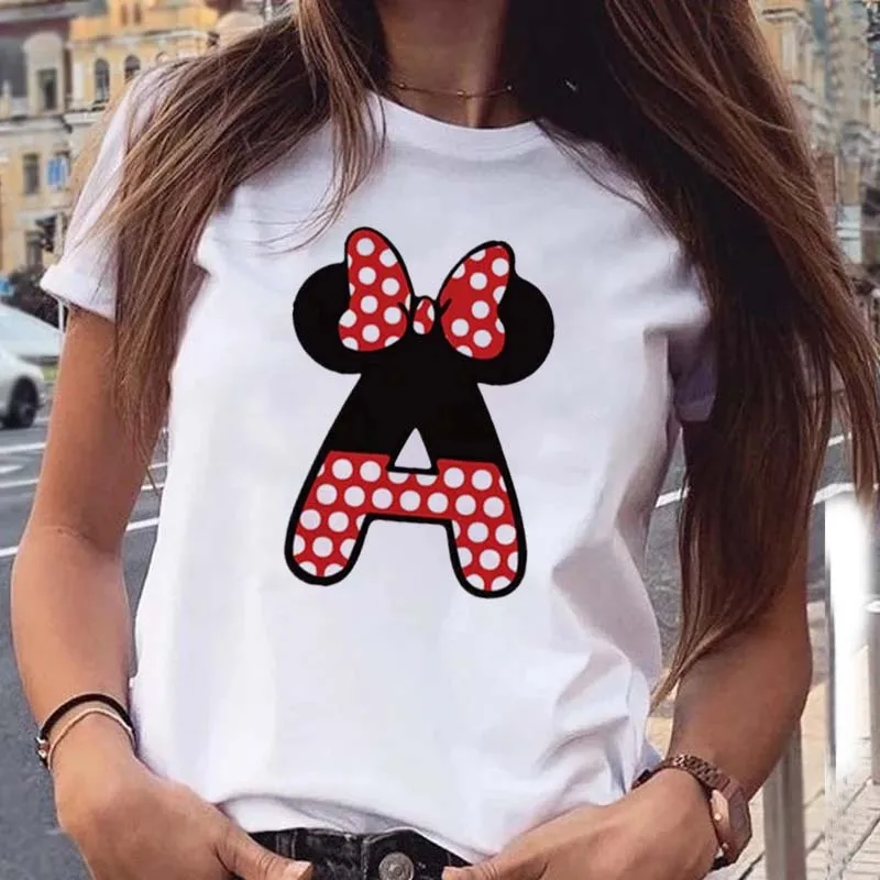 

Women's T Shirt Custom Name Letter Combination Print T-shirt Minnie Mouse Letter Font A B C D E F G Short Sleeve Disney Clothes