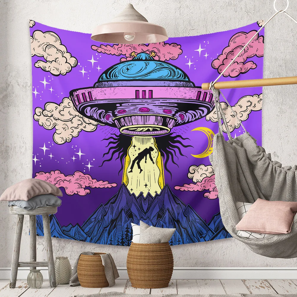 

Psychedelic Alien Tapestry Kawaii Room Decor Hippie Mandala Wall Hanging UFO Starry Sky Tapestry For Living Room Home Dorm Decor