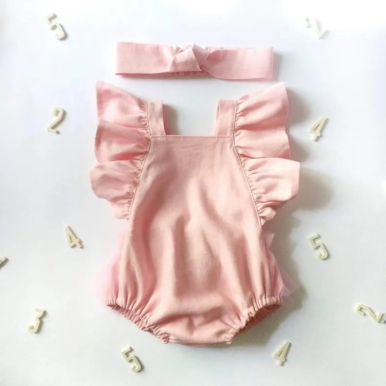 

Ins Hot Summer Newborn Cotton Linen Romper Solid Color Mesh Bow Baby Romper