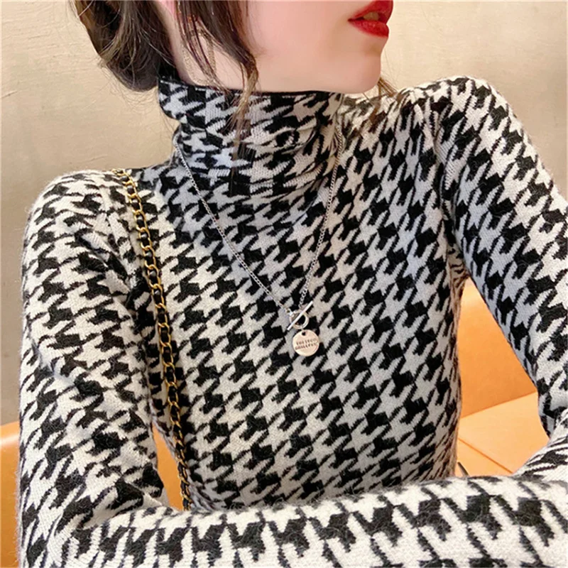 2023 New Autumn Winter Houndstooth Tight Turtleneck Sweater Plaid Knitted Sweater Women Luxury Chic Slim Pullover High Quality