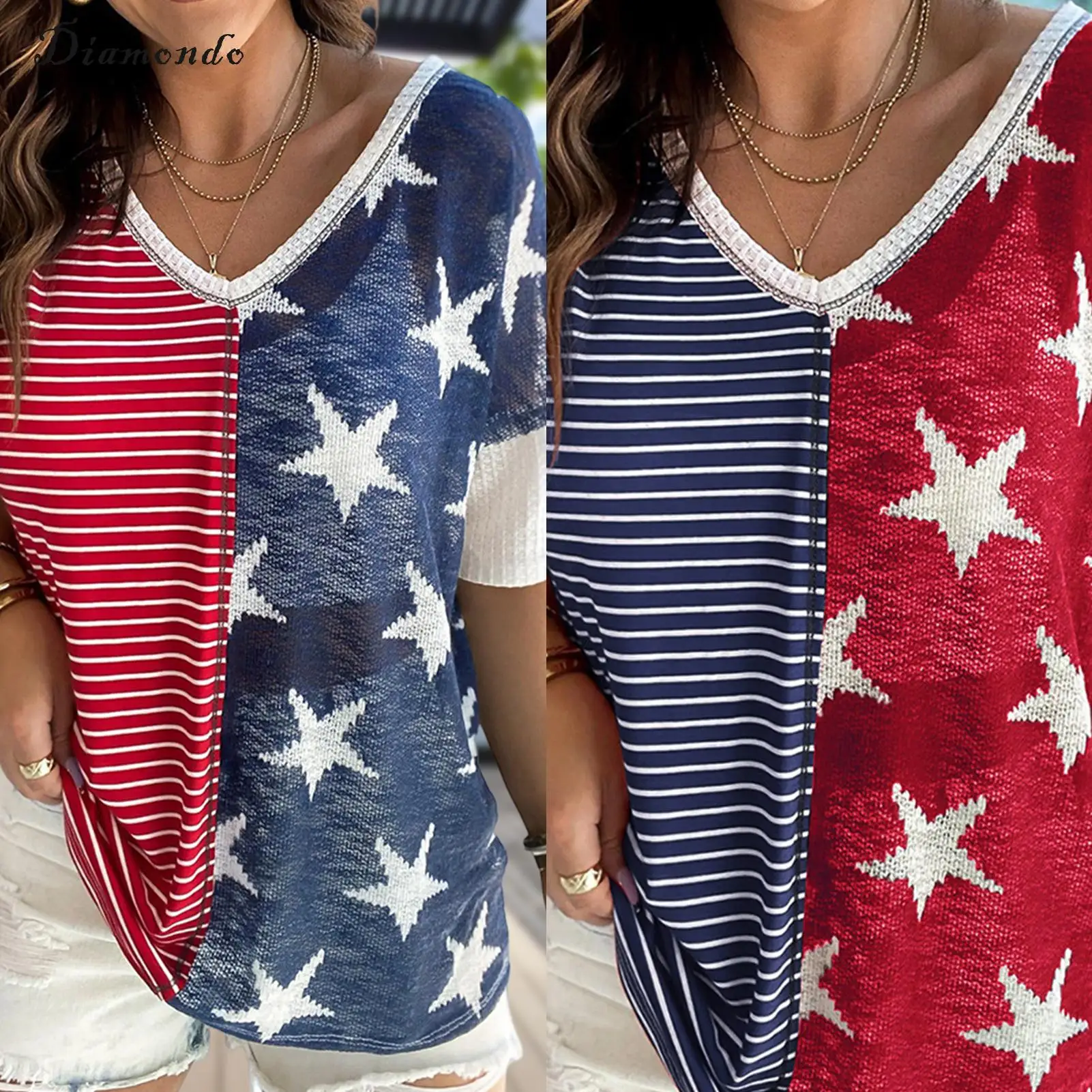 

Женская футболка на День независимости, топ со звездным принтом в полоску, свободный крой, повседневный уличный костюм с коротким рукавом