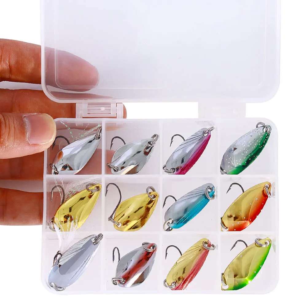 

12pcs Box Kit Metal Spoon Fishing Lure Wobbler Casting Jigging Tackle Accessories Pesca Chub Single Hook Spinner Bait Trout Bass