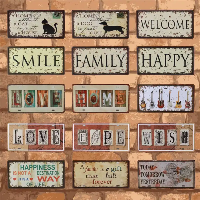 

Home Family Text Signs Car License Plates Metal Tin Sign Home Decor Vintage Wall Plaques Bar Cafe Home Art Painting Decoration