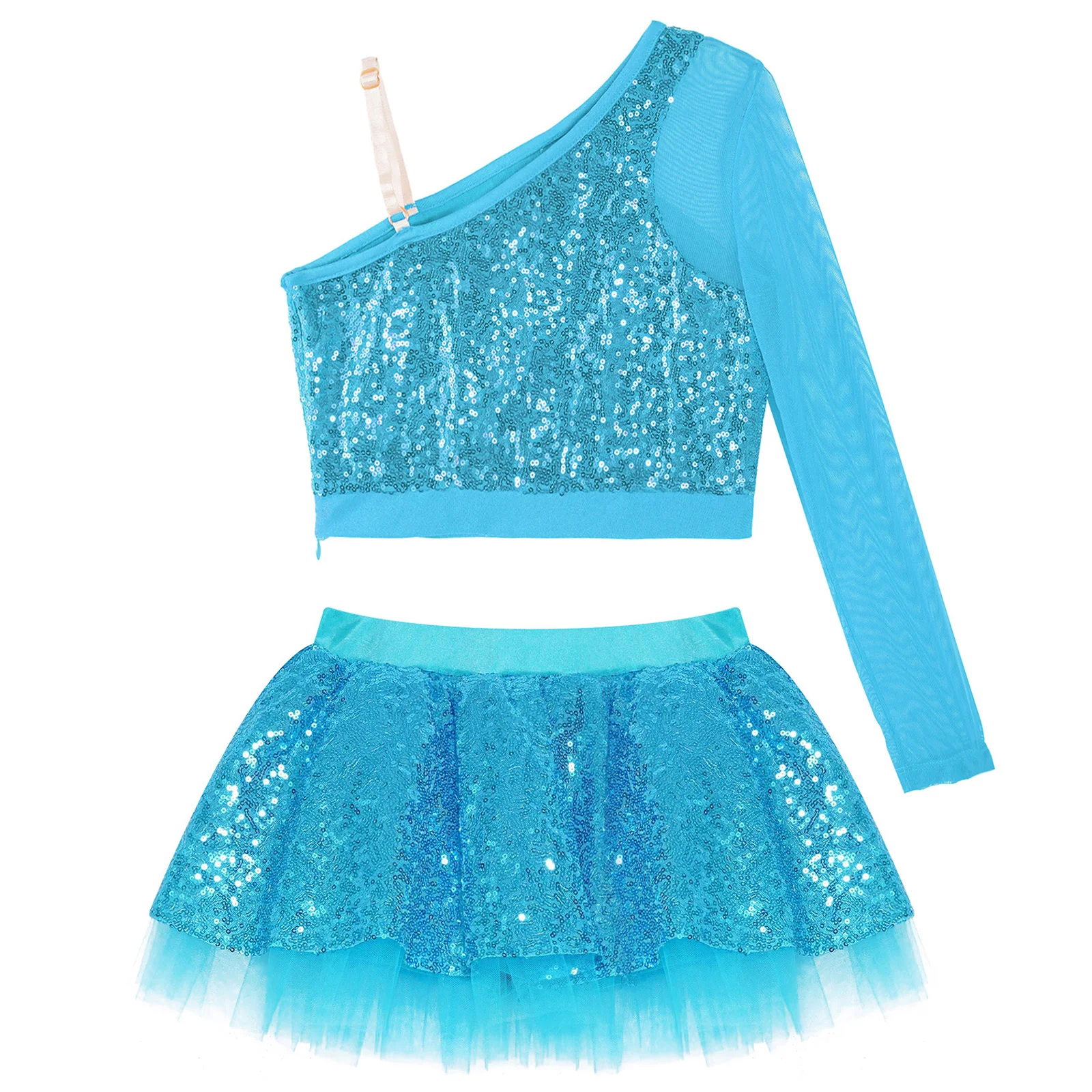 Детский костюм для девочек короткий топ на одно плечо с блестками и юбка оборками