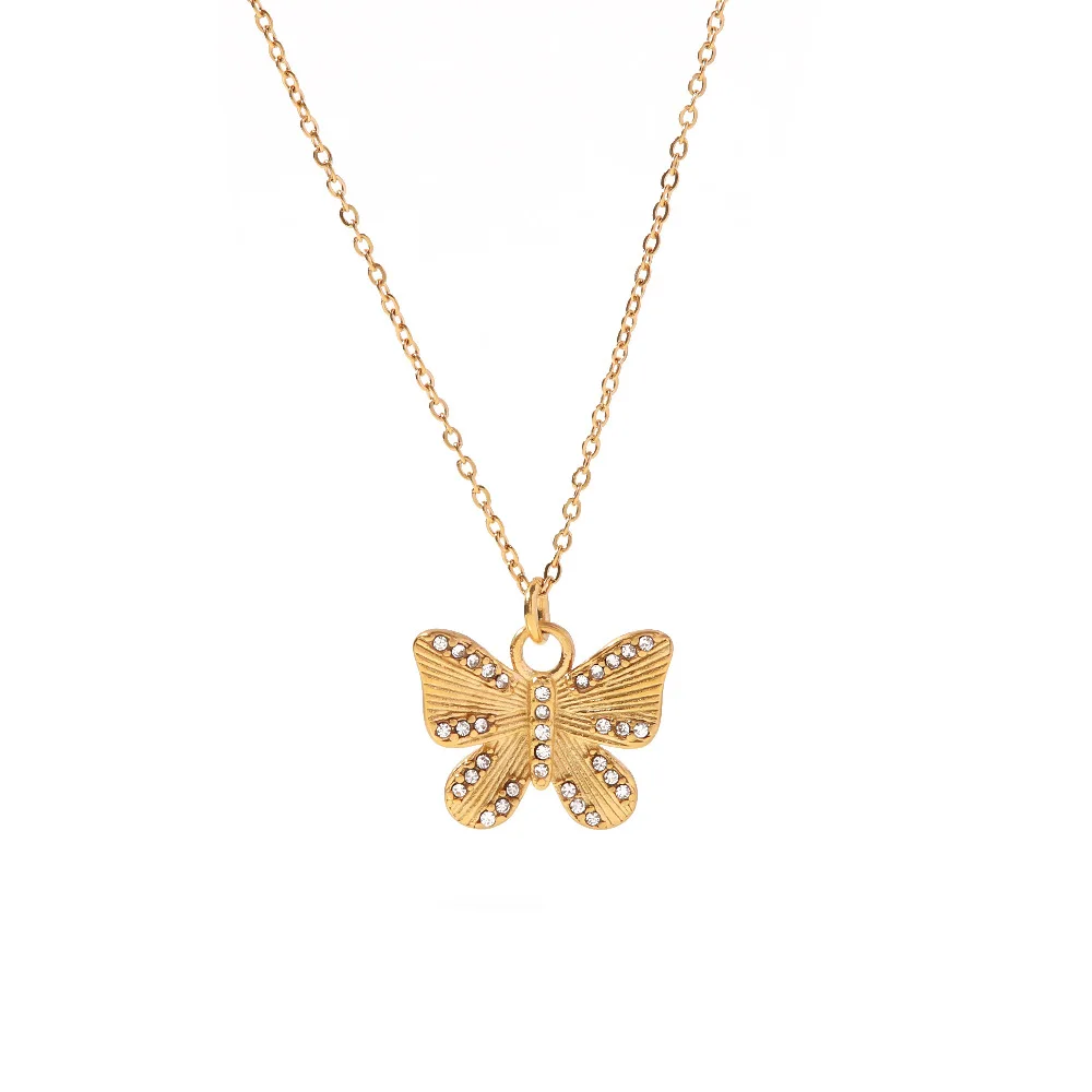 

Stainless Steel PVD 18K Gold Plated Tarnish Waterproof Rhinestoned Butterfly Pendant Necklace For Woman Jewelry Wholesale Trendy