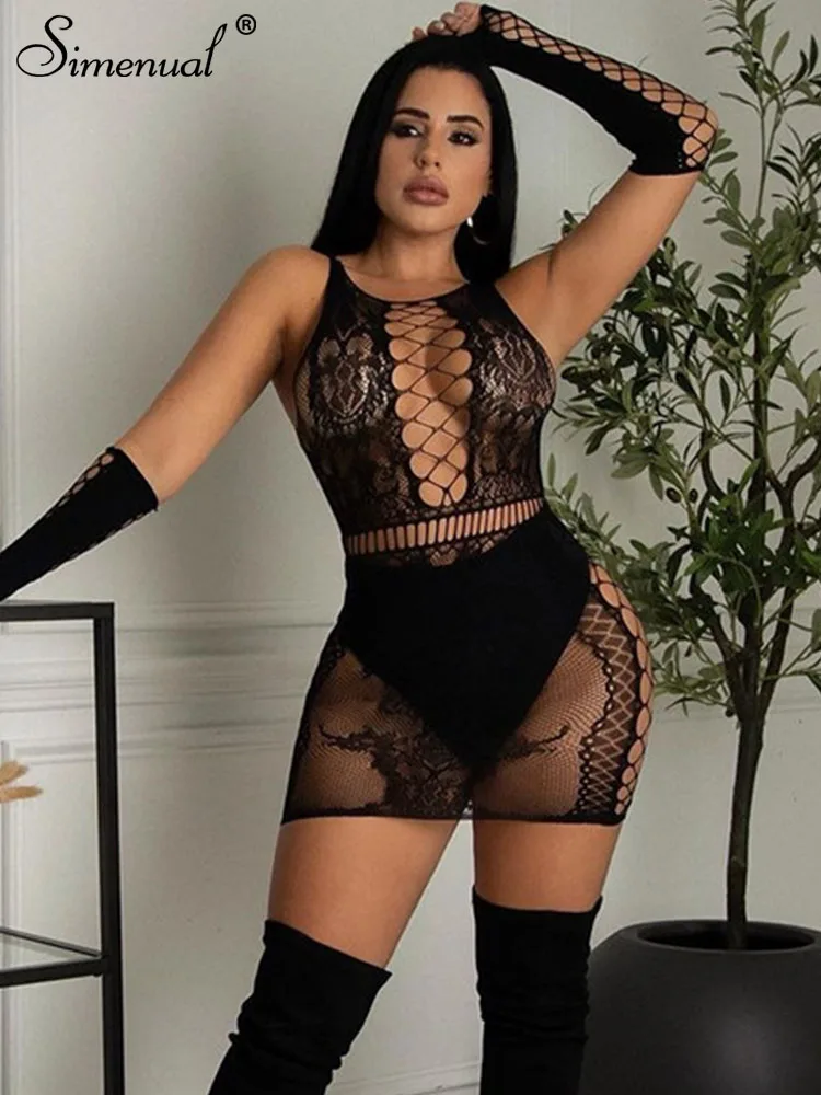 

Simenual Gauze Plaid Hole Seaming Mini Dress Sexy Cleavage Jacquard Weave Sheath Hip Skirts Classic Bar Clubwear Matching Gloves