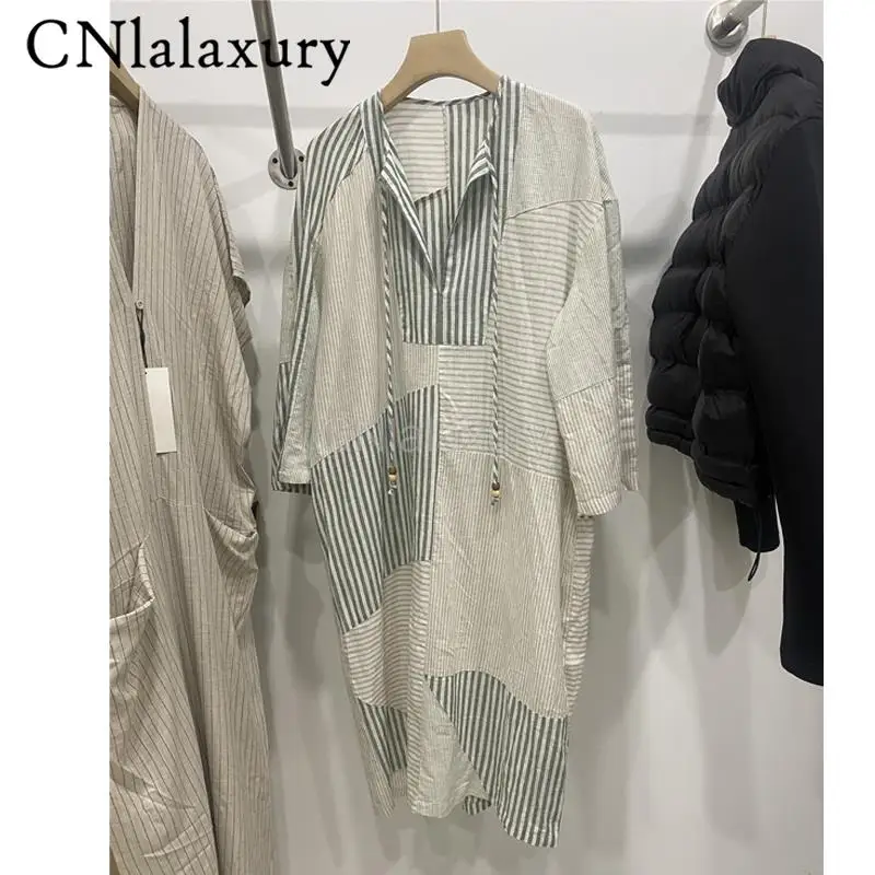CNlalaxury летнее Новое пляжное платье модное льняное лоскутное Полосатое свободное