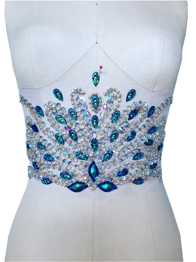 

Sew on rhinestones applique handmade clear AB colour/blue crystal patches for dress accessory 32*17cm