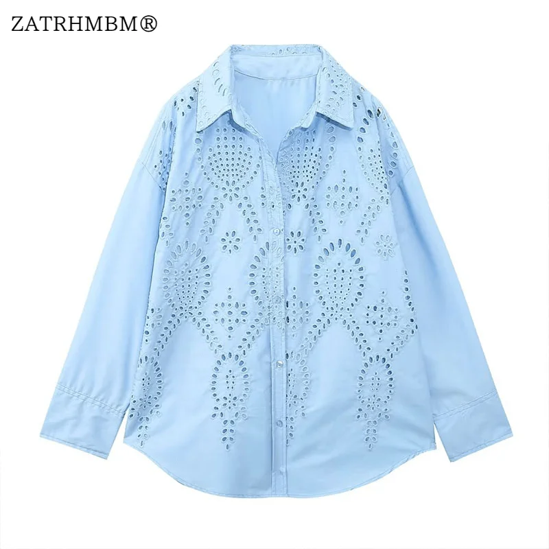 

ZATRHMBM Women 2023 Spring Fashion Cutout Embroidered Blouse Vintage Long Sleeve Button Up Female Shirts Blusas Chic Tops