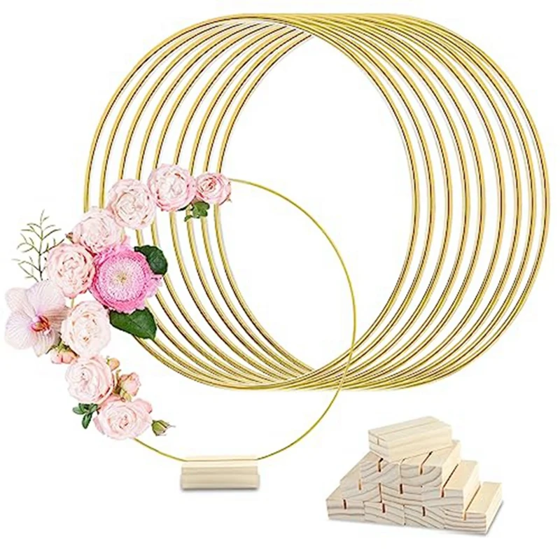

10Pcs Golden Rings Metal Rings With Stand For Table,Macrame Gold Wreath Ring Centerpiece Table Decorations