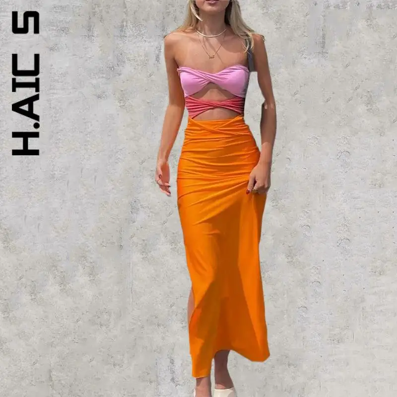 

H.Aic S Women Dress New Popular Dresses Patchwork Y2K Strapless Bodycon Dress Streetwear Elegant Leisure Female Vestidos
