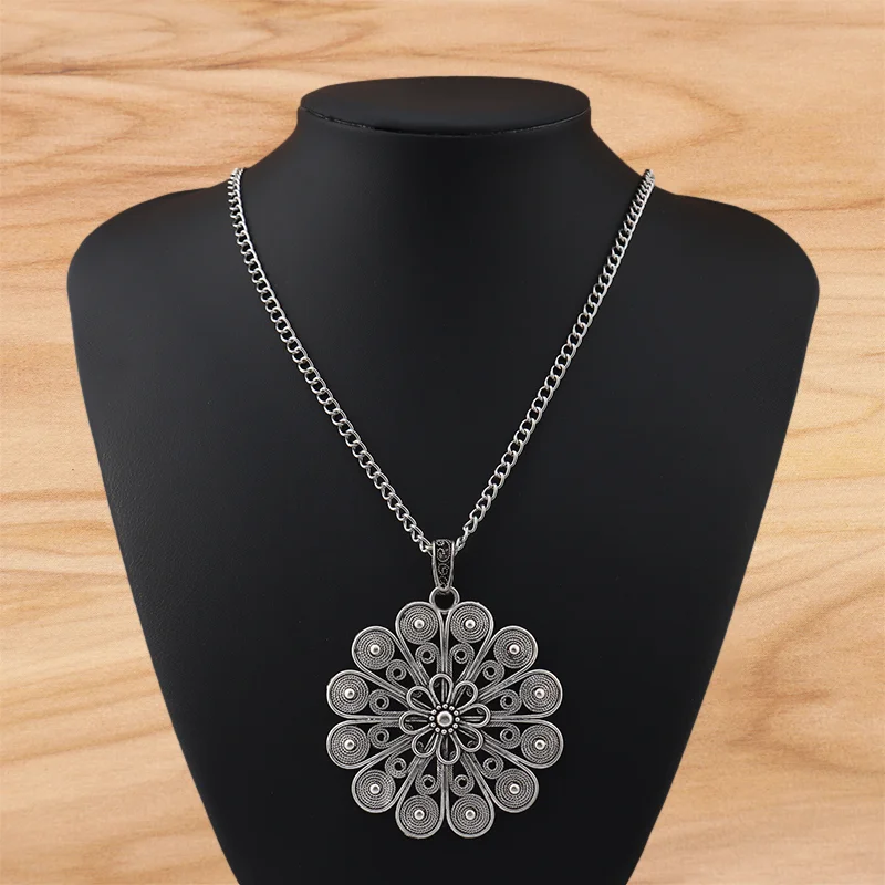 

Large Abstract Boho Open Hollow Flower Pendant Necklace on Long Curb Chain Jewellery Lagenlook 34"