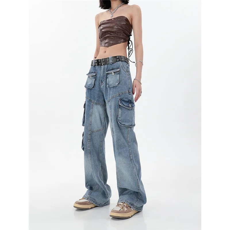 

Женские прямые брюки с карманами, винтажные дизайнерские брюки в стиле High Street джинсы с инструментами Y2K, джинсы-багги, новинка 2023 года