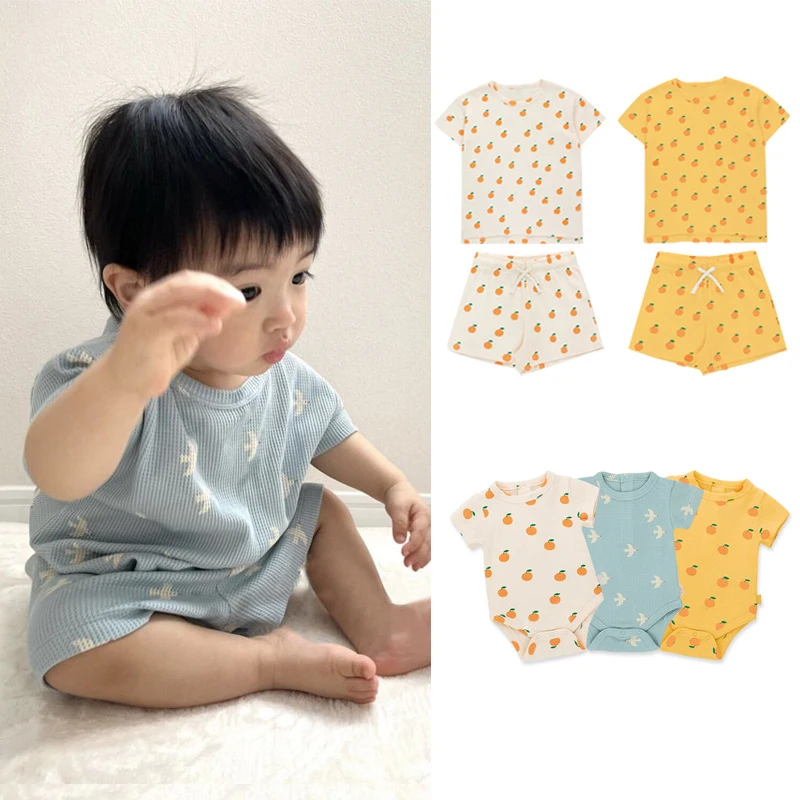 2022 New Waffle Baby Clothing Set Cute Short-sleeved Baby Rompers Summer Baby Boy Girl Clothes Cotton Newborn Clothing 0-36M