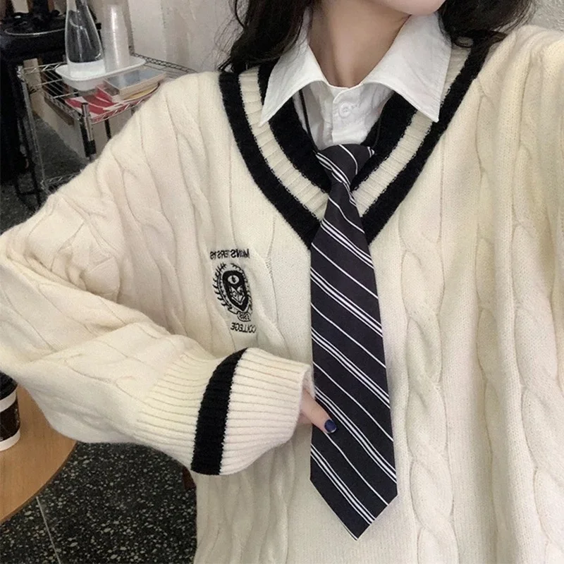 

Deeptown Preppy Fashion Beige Knitted Sweater Women Korean Style Printed V-neck Long Sleeve Oversize Jumper Pullover Female Tops