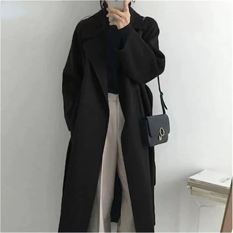 

JXMYY French Lazy Style Warm Female Fresh Winter 2022 Classical Belt Retro Loose Women Woolen Coats Chic Casual Long Coat Long
