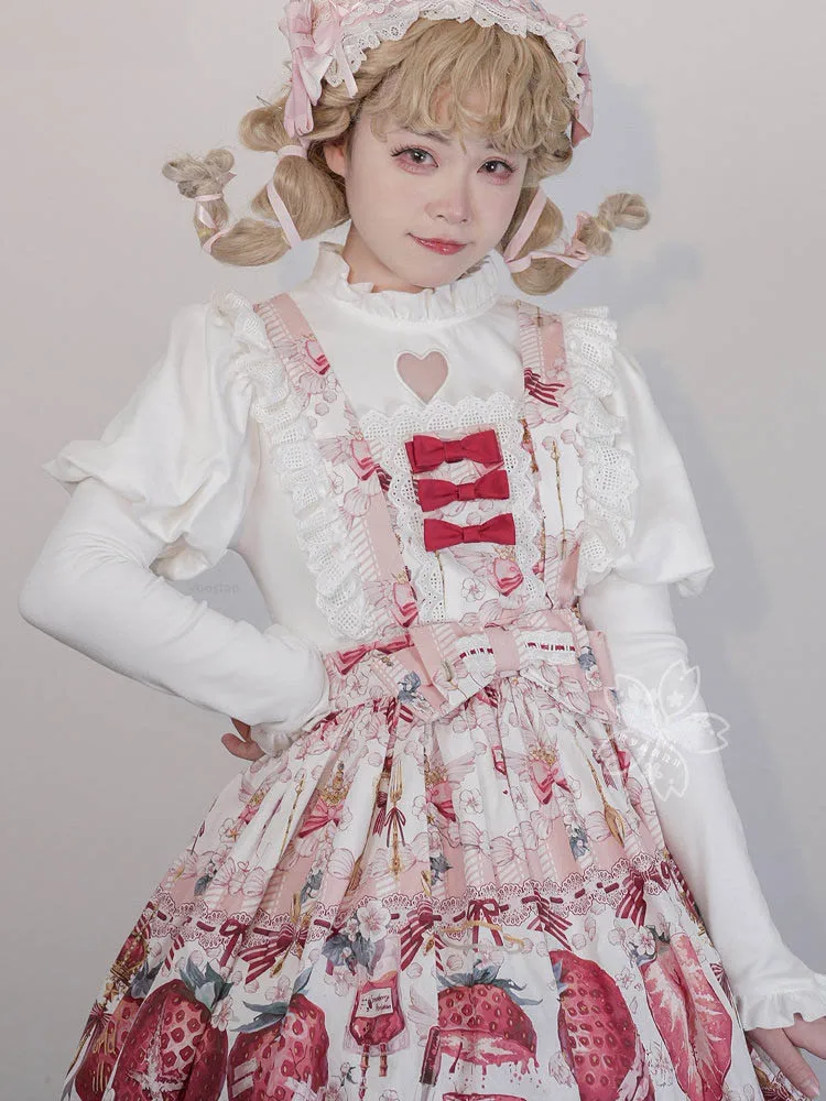 

Harajuku Sweet Lolita Style Shirt Girls Cute Warm Ruffles O-Neck Hollow Out Love Heart Cute Blouses Women Gothic Y2k Inside Tops