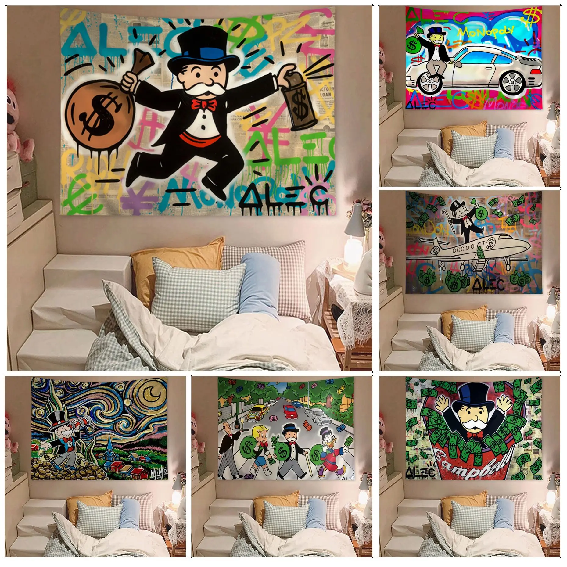 

Cartoon Dollar Monopoly Cartoon Tapestry Indian Buddha Wall Decoration Witchcraft Bohemian Hippie Kawaii Room Decor