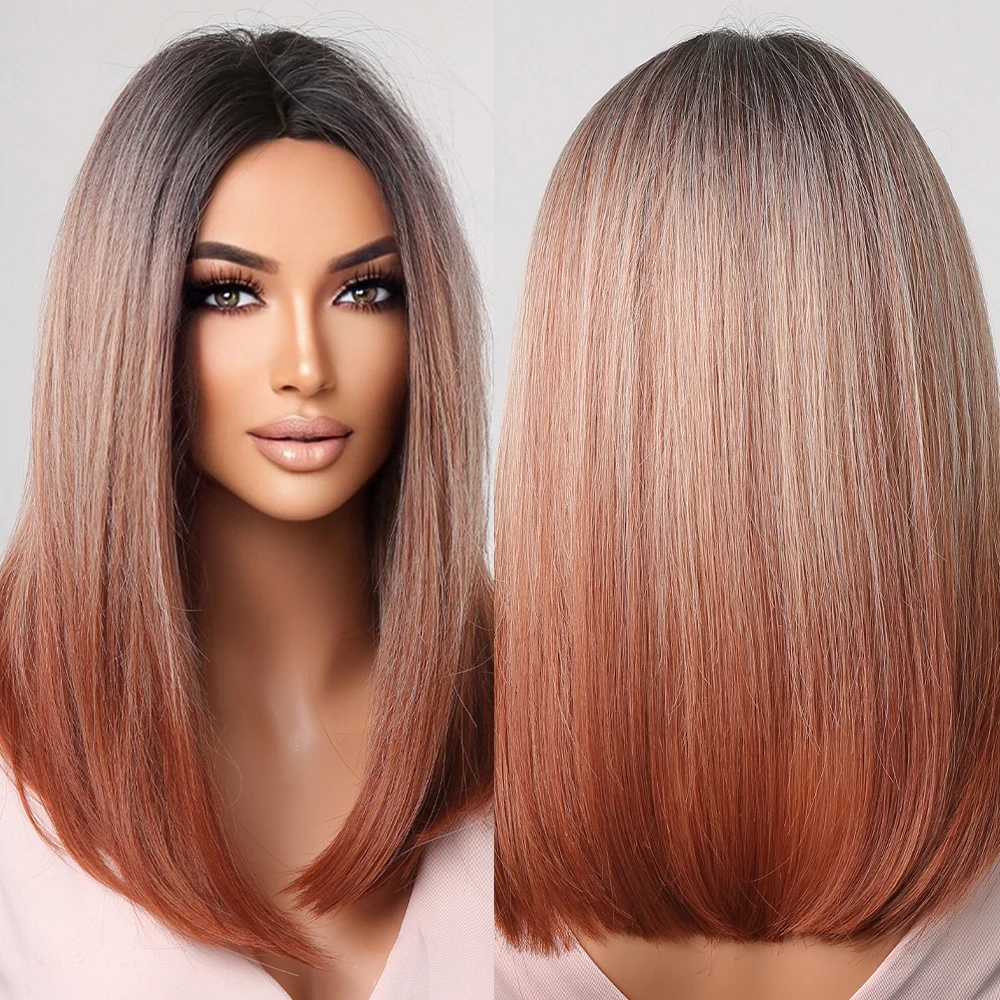 

Medium Straight Bob Synthetic Wigs Brown Ombre with Dark Root Wigs Middle Part Natural Hair for Women Lolita Heat Resistant Wig