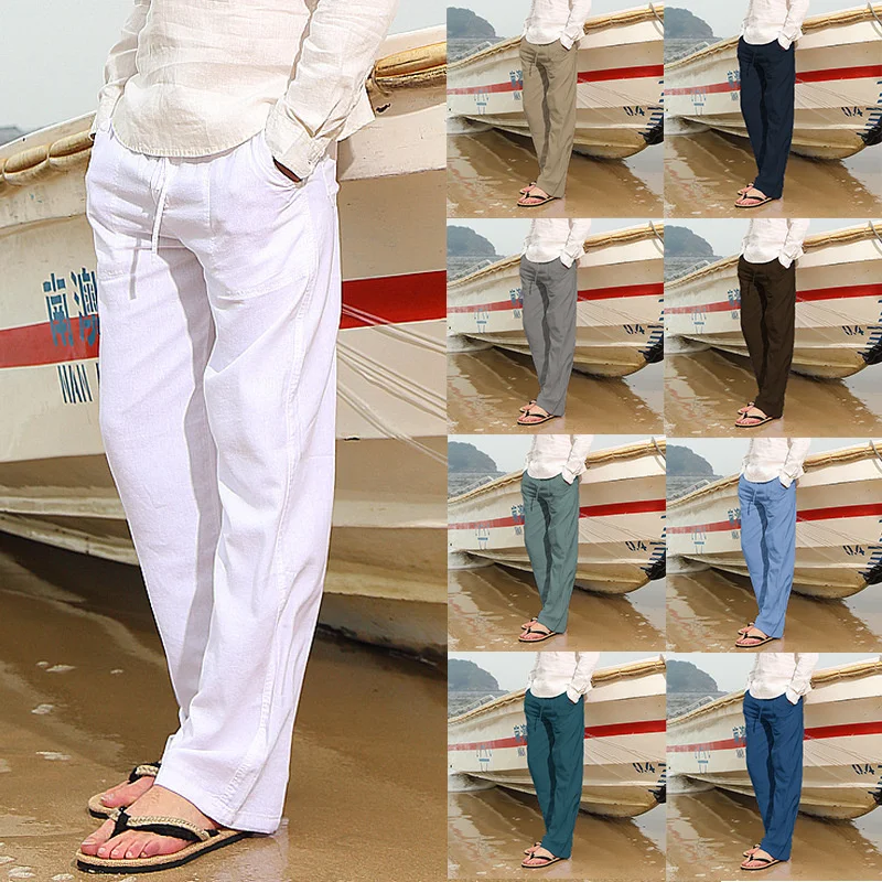 

Men's Casual Trousers Home Pants 2023 New Man Cotton Linen Large Size white Straight trousers Solid Beach black Fitness Pants