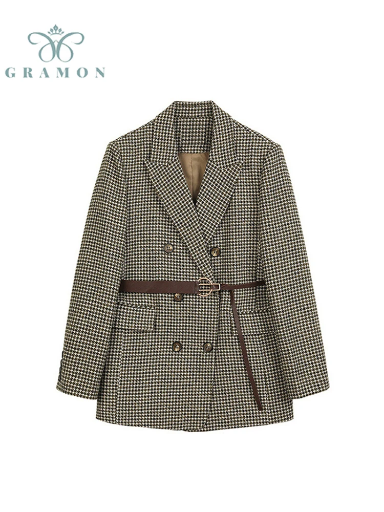 

Blazer Jackets For Women 2021 New Autumn Winter Clothes Office Lady Vintage Tweed Houndstooth Coats Korean Fashion Plaid Mujer