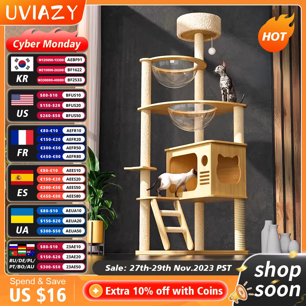 

Multi-Level Wood Cat Tree Toys Post Condo Furniture Cat Tree Shelf Scratching Jumping Platform Cozy Perch Nest Tower Climbing