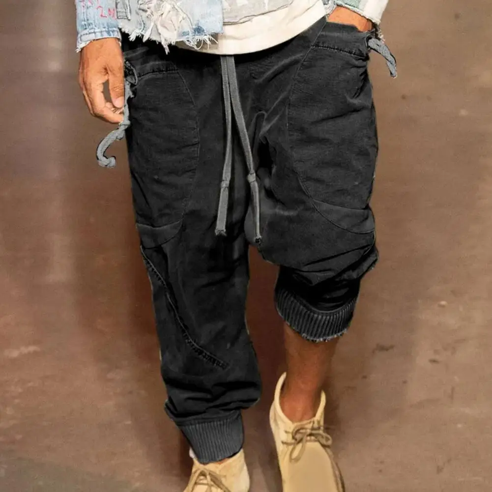 

Men Sweatpants Elastic Waistband Drawstring Long Pants Outdoor Color Matching Side Pockets Cargo Trousers