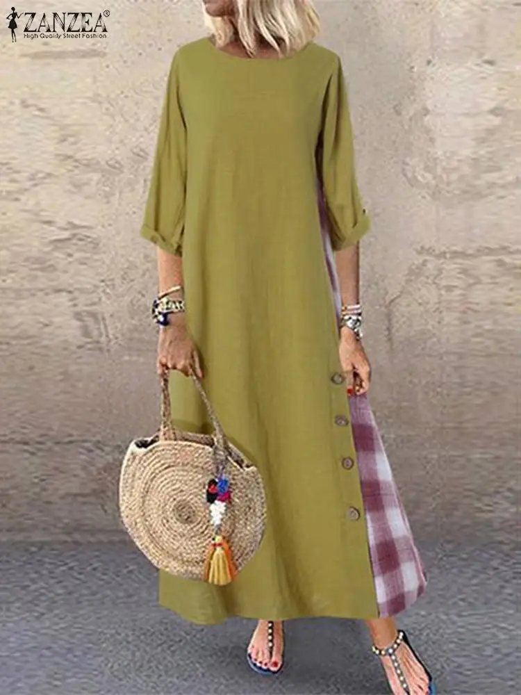 

Women Casual 3/4 Sleeve Plaid Checked Long Dress ZANZEA Summer Vintage Patchwork Sundress Robe Femme Party Vestidos Oversize